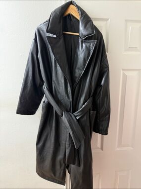 Topshop Black Leather Trench Coat with Waist Tie